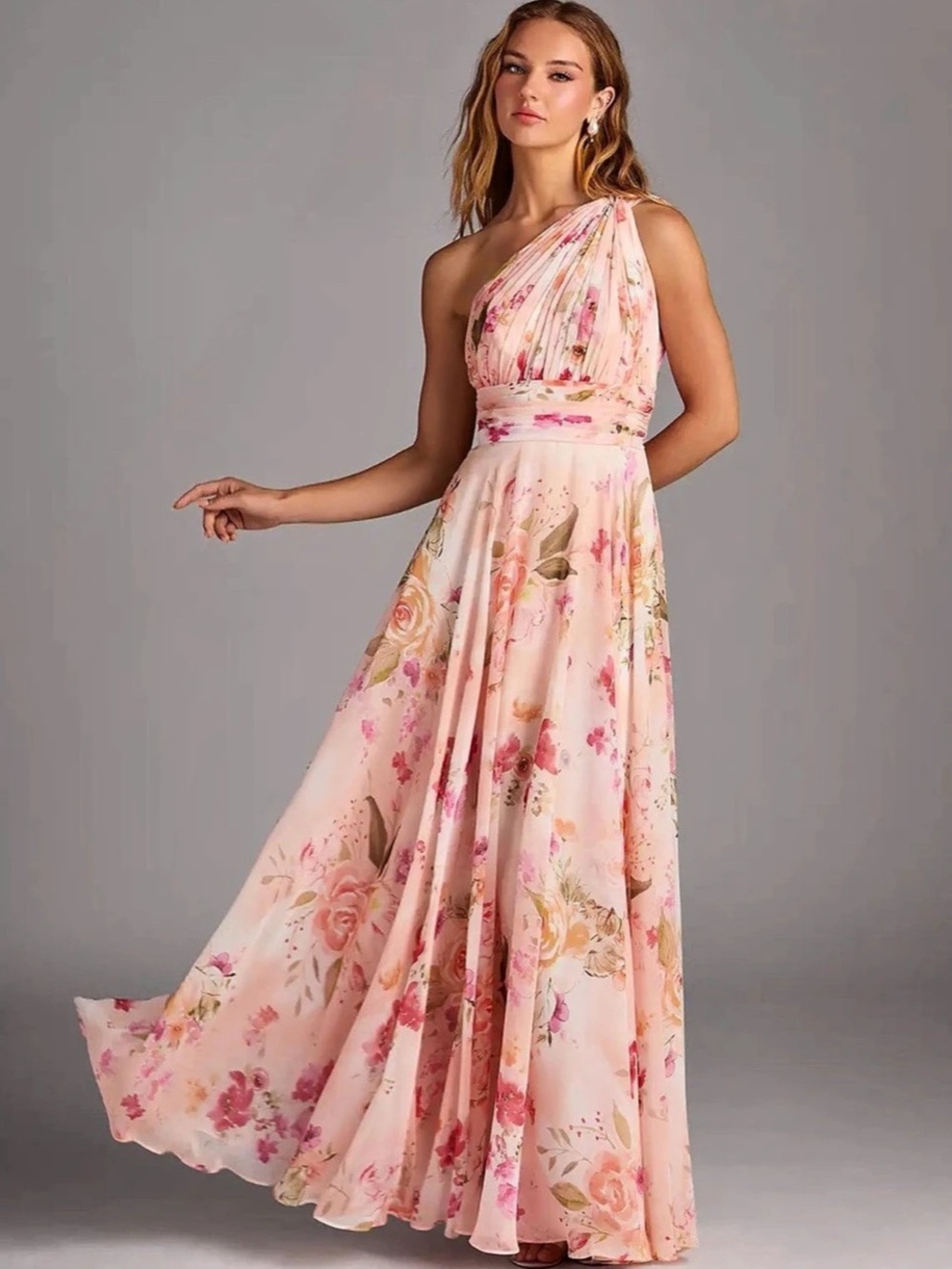Azazie One Shoulder Watercolor Floral Stripe Gown
